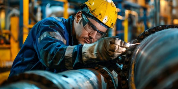 Welding inspector examining welds for quality assurance