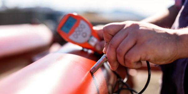 Paint inspector is measuring to red colored paint coating of the pipe in construction site. A coating is a covering that is applied to the surface of an object, usually referred to as the substrate.