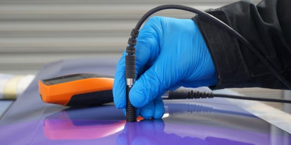 Person using probe, with digital tester, to measure the paint thickness microns on a painted metal panel. Person wearing protective gloves.